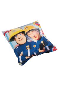 Decorative pillow featuring two cartoon characters in blue uniforms and yellow hats. The background includes fire trucks and vibrant colors.