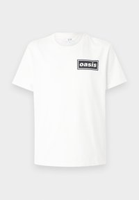 White cotton t-shirt featuring a black rectangular logo with the word "oasis" centered. Short sleeves and a classic crewneck design.