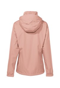 Light pink waterproof jacket with a hood, elastic cuffs, and a relaxed fit. Smooth texture with minimal design and no visible patterns.