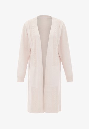 Langer Cardigan in hellem Rosa, gestrickt, mit Zopfmuster, offener Vorderseite, zwei Fronttaschen und gerippten Bündchen. Weiche Textur, lockere Passform.