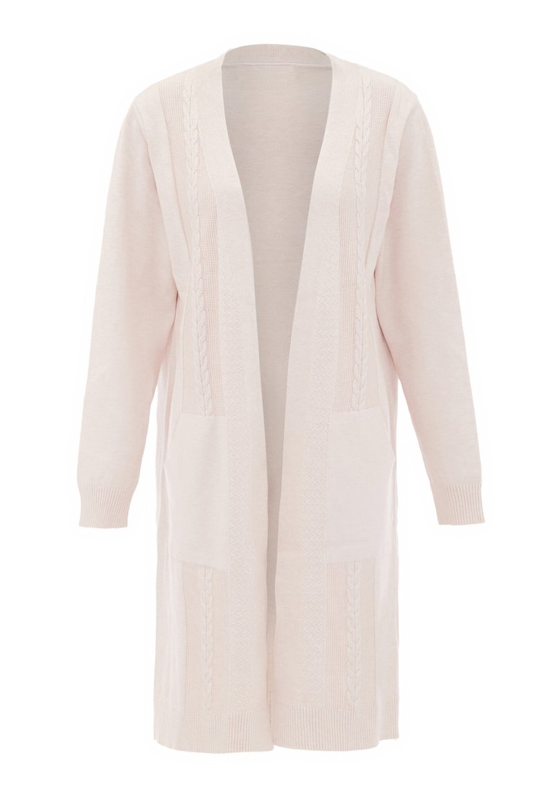 Cardigan lungo in maglia rosa chiaro, con dettagli a trecce, apertura davanti, due tasche frontali e polsini a costine. Tessuto morbido, vestibilità rilassata.