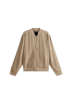 Beige Bomberjacke mit Reißverschluss, gerippten Bündchen und Seitentaschen. Hergestellt aus leichtem, glattem Material mit lässiger Passform.