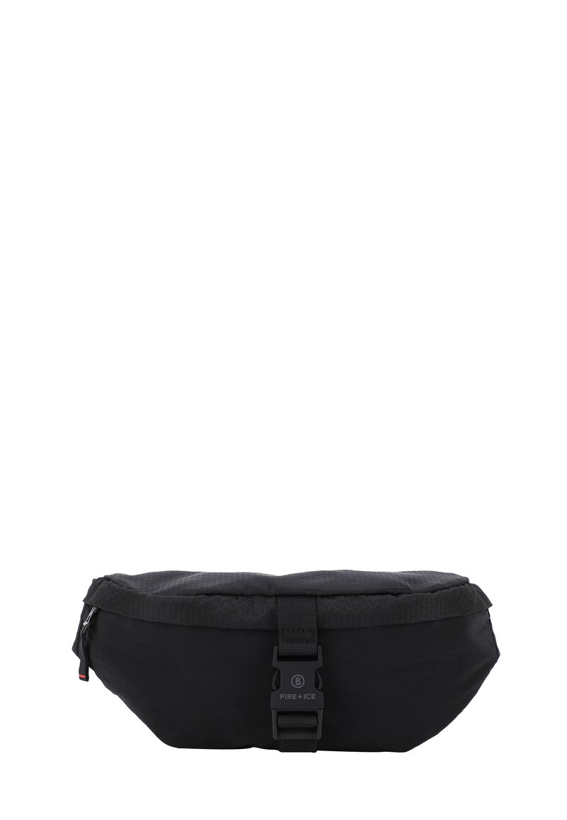 Borsa a tracolla nera con un motivo esagonale testurizzato, tracolla regolabile e chiusura anteriore a fibbia per un accesso sicuro.