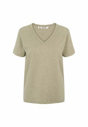 Olivgrünes V-Ausschnitt-T-Shirt aus weichem Stoff mit kurzen Ärmeln und lässiger Passform. Schlichtes Design mit einem Etikett an der Innenseite des Halsausschnitts.