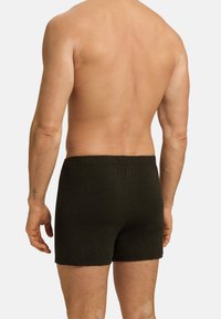 Tmavě zelené trenýrky s elastickým pasem, vyrobené z měkké, texturované látky. Pohled zezadu, ukazující jednoduchý design.