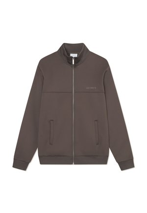 Brown zip-up jacket with high collar, two front pockets, smooth fabric, contrasting panel design, and subtle branding on the chest.