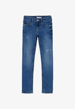 Jean skinny bleu en denim avec légère décoloration et usure, fermeture avant par bouton et fermeture éclair, design à cinq poches.