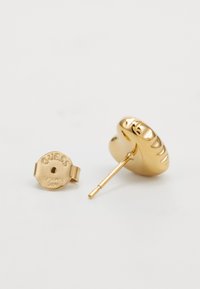 Gouden stud oorbellen met een ronde vorm en een decoratief geëtst patroon. Inclusief een roestvrijstalen achterzijde met merkafdruk.
