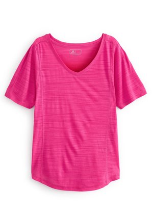 Jasnoróżowa koszulka z krótkim rękawem i dekoltem w serek z subtelną poziomą teksturą pasków, ułożona na białym tle.