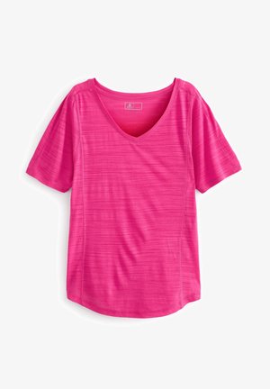 Jasnoróżowa koszulka z krótkim rękawem i dekoltem w serek z subtelną poziomą teksturą pasków, ułożona na białym tle.