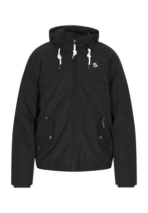 Fekete kapucnis dzseki vízálló anyagból, elöl cipzárral, két oldalsó zsebbel és kötöző díszítésekkel a kapucnin.