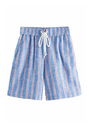 Blue shorts with vertical white and red stripes, elastic waistband, and white drawstring tie at front.
