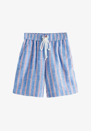 Blue shorts with vertical white and red stripes, elastic waistband, and white drawstring tie at front.