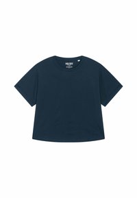 Cropped t-shirt blu scuro con maniche corte; etichetta visibile all'interno del colletto con scritto "MIRA PARIS." Design semplice e minimalista.