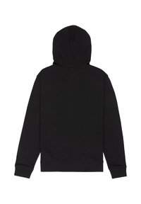 Czarna bluza z kapturem wykonana z bawełnianej mieszanki, z długimi rękawami, przednią kieszenią typu kangur oraz ściągaczami na mankietach i dole bluzy.