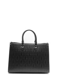 Borsa nera realizzata in pelle texturizzata, caratterizzata da un motivo logo ripetuto, forma strutturata e due manici robusti.