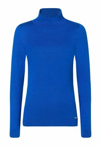 Blue turtleneck sweater made of smooth, knit fabric. Features long sleeves, a fitted design, and a ribbed collar for added texture.