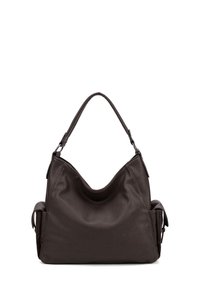 Borsa hobo in pelle marrone con una superficie morbida e texture, tracolla singola e due tasche laterali per un ulteriore spazio di archiviazione.