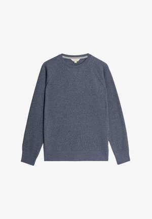 Bavlněný svetr s kulatým výstřihem v tmavě modré barvě, se strukturální pleteninou, raglánovými rukávy a žebrovanými manžetami a lemem. Jednoduchý a nezdobený design.