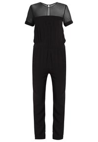 Combinaison noire avec manches courtes, partie supérieure transparente, taille élastique et jambes droites. Texture lisse et design minimaliste.