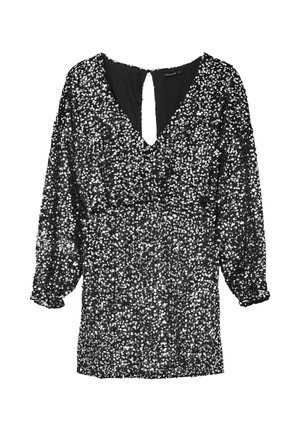 Abito nero decorato con paillettes argentate, caratterizzato da una scollatura a V profonda, lunghe maniche a sbuffo e un design con apertura a chiave sul retro.