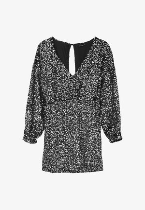 Schwarzes Kleid, verziert mit silbernen Pailletten, mit einem tiefen V-Ausschnitt, langen Puffärmeln und einem Rückendesign mit Schlüsselloch.