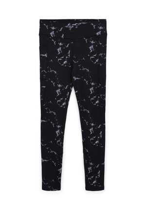 Leggings neri con un motivo marmorizzato bianco, realizzati in tessuto elasticizzato, con una vita alta e tasche laterali.