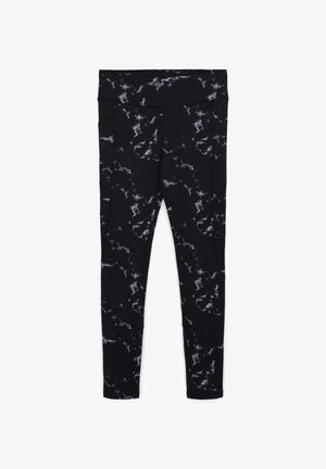Leggings neri con un motivo marmorizzato bianco, realizzati in tessuto elasticizzato, con una vita alta e tasche laterali.
