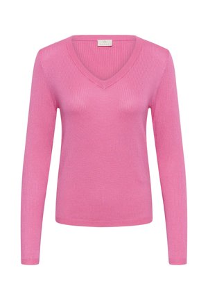 Ryškiai rožinis ilgomis rankovėmis megztinis su V formos iškirpte, su briaunuotu raštu, tiesia apačia ir aptemptu siluetu.