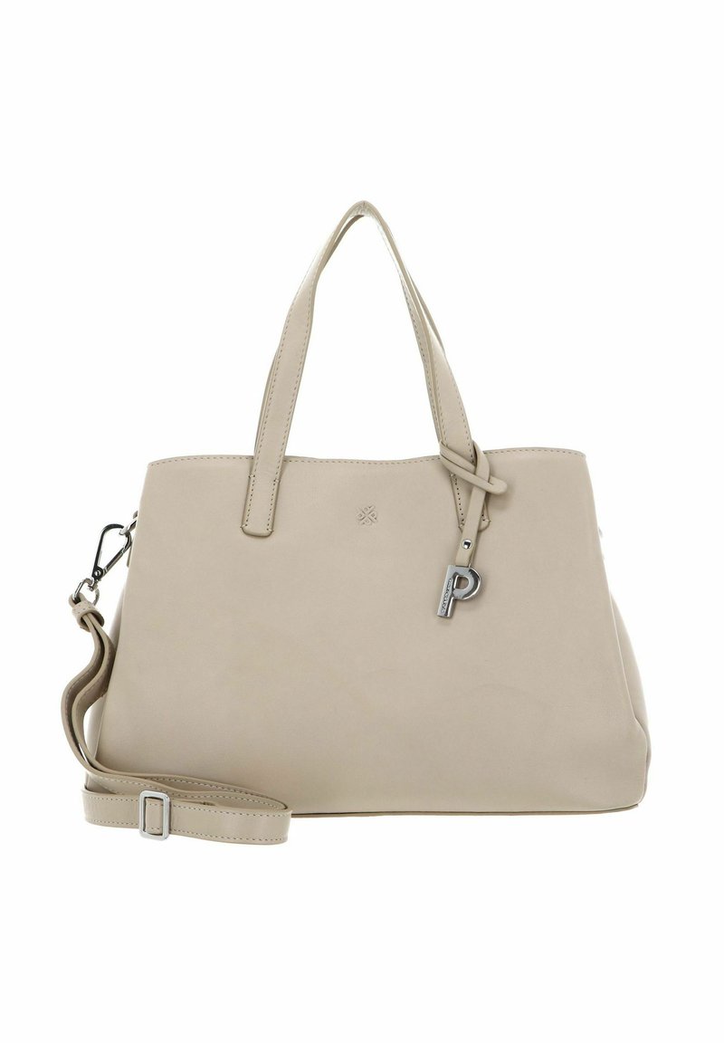 Beiger Lederhandtasche mit doppelten Griffen, einem abnehmbaren Schultergurt und silberfarbenen Beschlägen, die mit einem Schlüsselanhänger akzentuiert ist. Einfaches, sauberes Design.