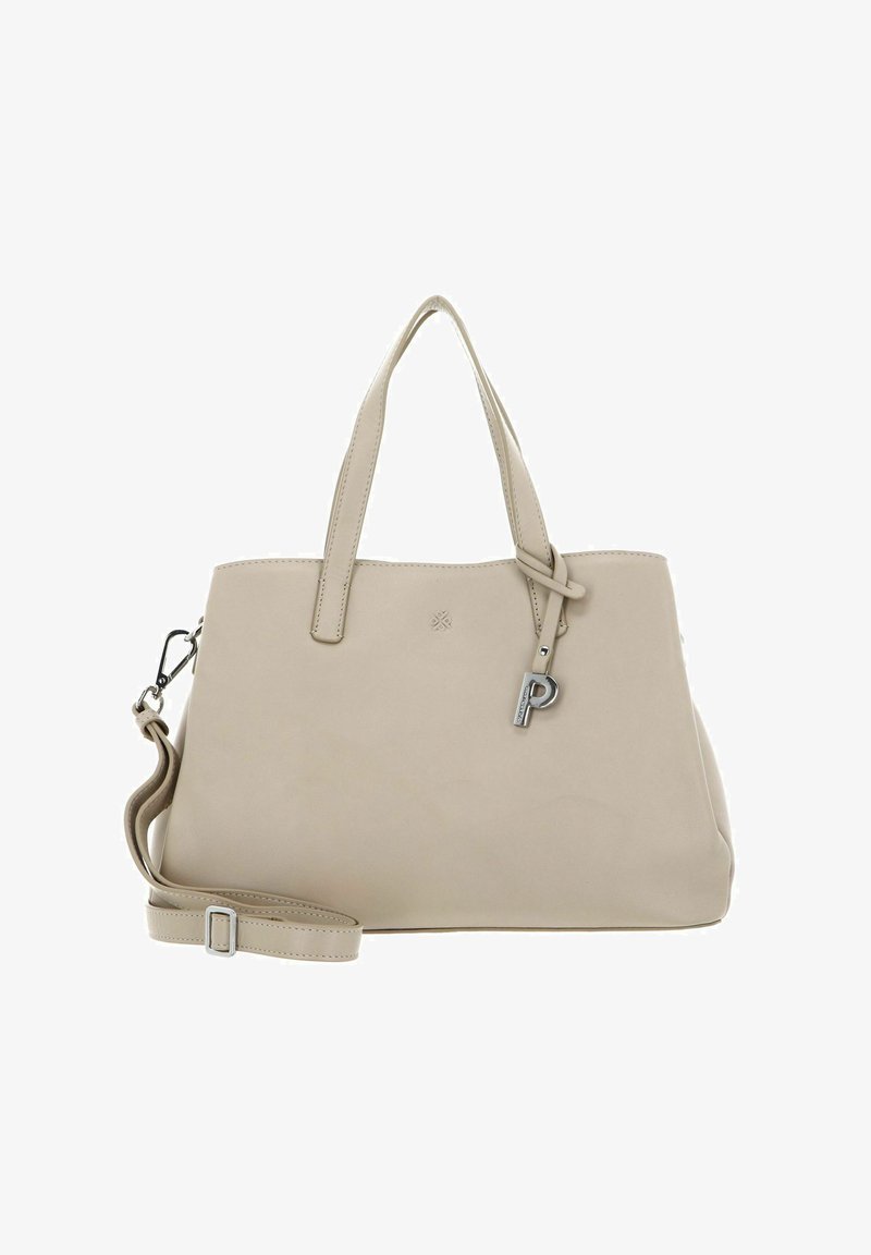 Beiger Lederhandtasche mit doppelten Griffen, einem abnehmbaren Schultergurt und silberfarbenen Beschlägen, die mit einem Schlüsselanhänger akzentuiert ist. Einfaches, sauberes Design.