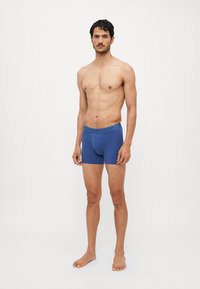 Blaue Boxershorts mit einem Logo-Bund, aus glattem, elastischem Material gefertigt. Die Shorts haben ein tailliertes Design und eine Länge bis zur Mitte des Oberschenkels.