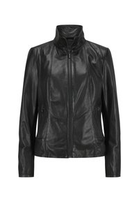 Schwarze Lederjacke mit hohem Kragen, Frontreißverschluss und seitlichen Taschen. Sie hat eine glatte Textur und eine maßgeschneiderte Silhouette.