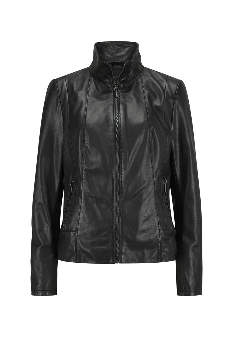 Schwarze Lederjacke mit hohem Kragen, Frontreißverschluss und seitlichen Taschen. Sie hat eine glatte Textur und eine maßgeschneiderte Silhouette.