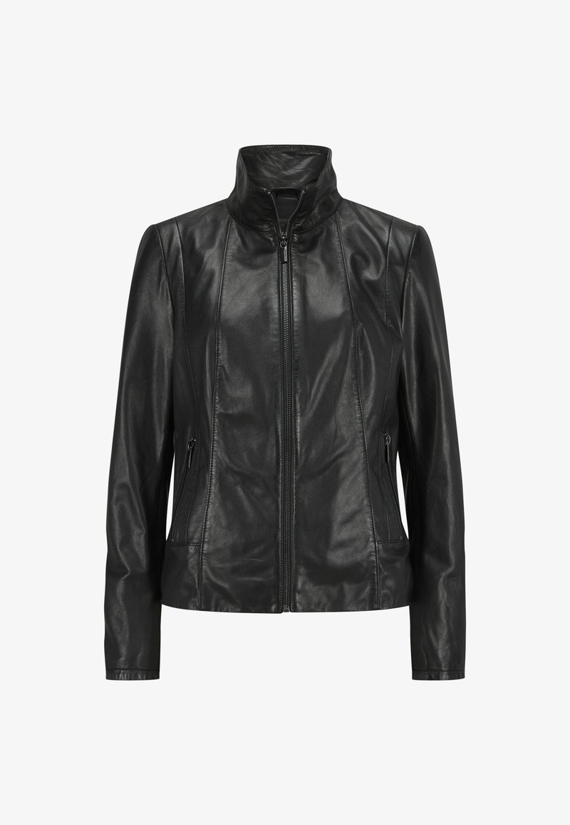 Schwarze Lederjacke mit hohem Kragen, Frontreißverschluss und seitlichen Taschen. Sie hat eine glatte Textur und eine maßgeschneiderte Silhouette.