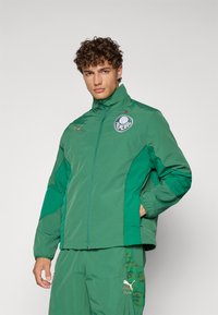 Grüne, mit Reißverschluss versehenen Jacke mit hohem Kragen, ausgestattet mit einem Logo auf der linken Brust und kontrastierenden Seitenpaneelen. Hergestellt aus glattem, leichtem Material.