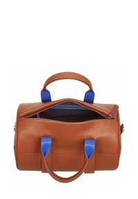 Borsa da viaggio in pelle marrone con manici e cerniera blu. Forma circolare con due manici superiori e una cerniera aperta che rivela un interno scuro.