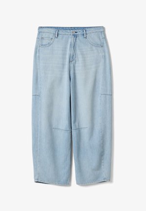 Lichtblauwe denim jeans met wijde pijpen, knoopsluiting aan de voorkant, zijzakken en kniestiksel details.