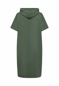 Vestido con capucha y mangas cortas en verde oscuro, hecho de una tela suave. Presenta un corte recto y llega hasta la mitad de la pantorrilla con un diseño sencillo.