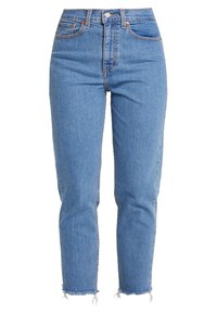 Jeans azzurri a vita alta in tessuto denim, con cinque tasche, zip standard e orlo grezzo alla caviglia.