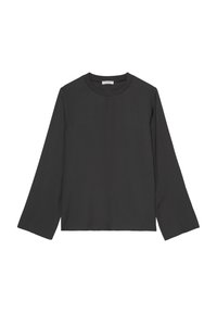 Black long-sleeve top made of smooth fabric, featuring a round neckline and a simple straight cut with a center seam detail.