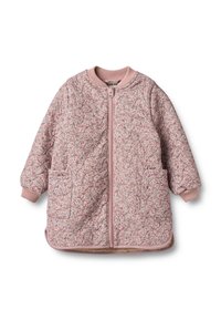 Lyserød quiltet jakke med en tekstureret finish, ribbede ærmegab og kant, med en frontlynlås og to sidelommer.