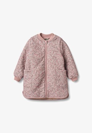 Quilted pink jacket with a textured finish, ribbed cuffs, and hem, featuring a front zipper and two side pockets.