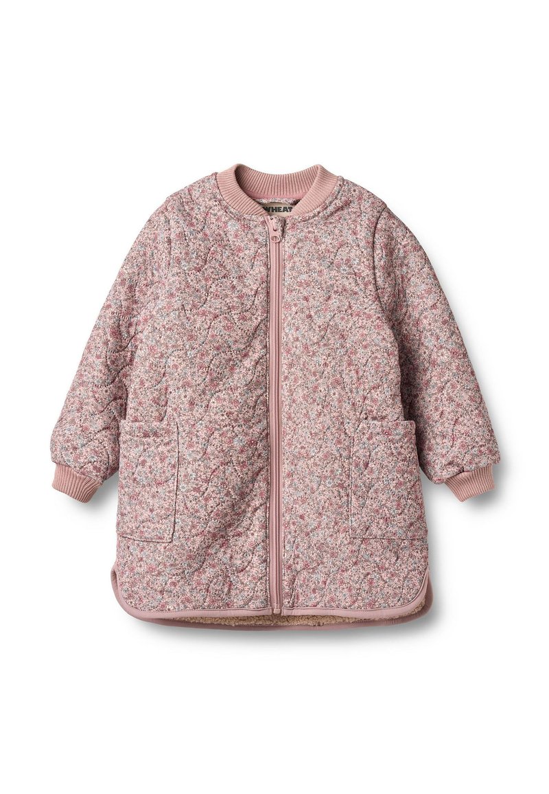 Lyserød quiltet jakke med en tekstureret finish, ribbede ærmegab og kant, med en frontlynlås og to sidelommer.