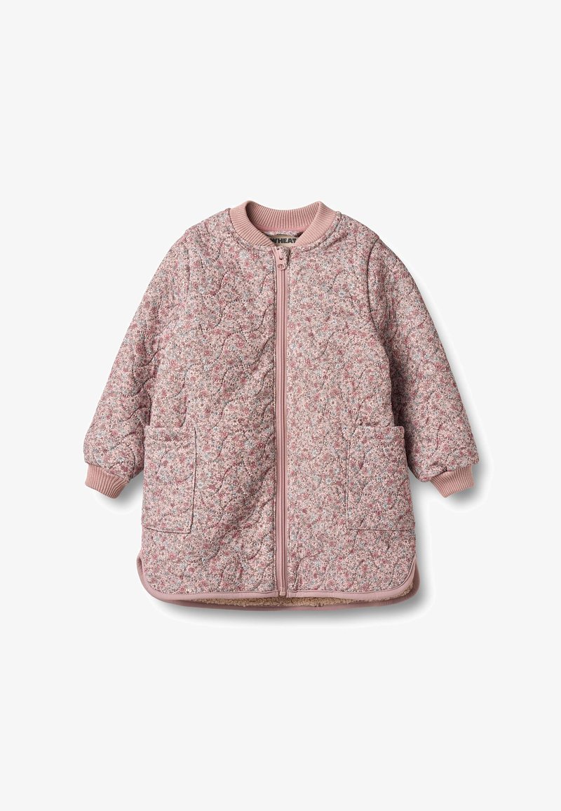 Lyserød quiltet jakke med en tekstureret finish, ribbede ærmegab og kant, med en frontlynlås og to sidelommer.