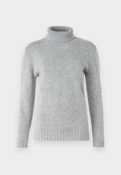 Pullover guler înalt de culoare gri deschis, realizat dintr-un material tricotat moale, cu mâneci lungi și textură ribbată la guler și la tiv.