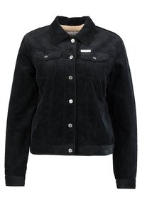 Černá kordurová bunda s měkkou vnitřní podšívkou, zapínání na knoflíky, dvě náprsní kapsy a dekorační stříbrné knoflíky.