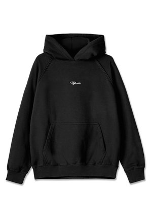 Crna dukserica s kapuljačom izrađena od pamučne smjese, s prednjim džepom u obliku kengura i izvezenim logotipom na prsima.