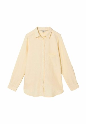 Šviesiai geltona marškiniai ilgomis rankovėmis su sagomis, apykakle ir krūtinės kišene, išdėstyti ant balto fono.