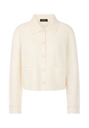 Cream-colored knit cardigan with a collared neckline, five button closure, two front pockets, and lace accents at the cuffs.